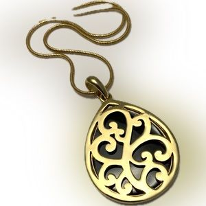 Swirl Gold Black Tear Drop Medallion Necklace 18" NWT